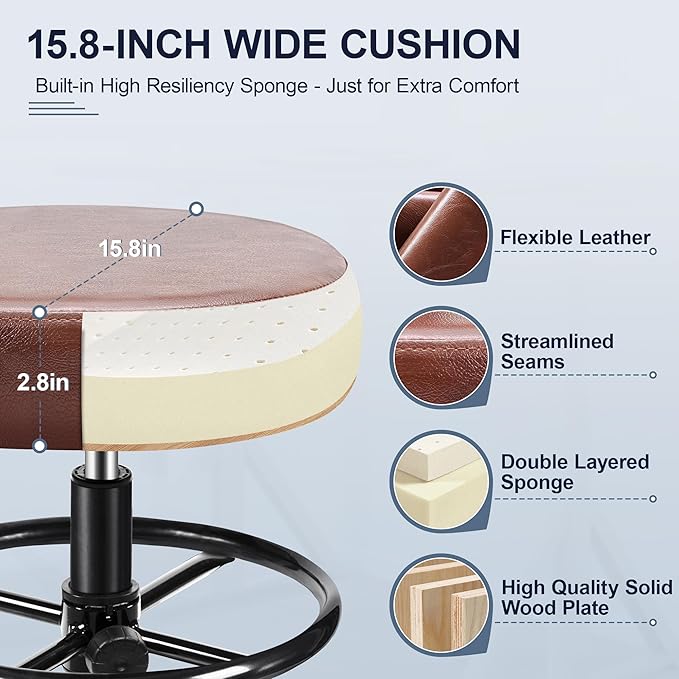 Drafting Chair with Backrest – Adjustable Foot Rest Rolling Stool with Wheels, PU Leather Swivel Stool for Office Spa Studio Lab Counter Salon Home Work Bar Kitchen Shop(Ember Brown)