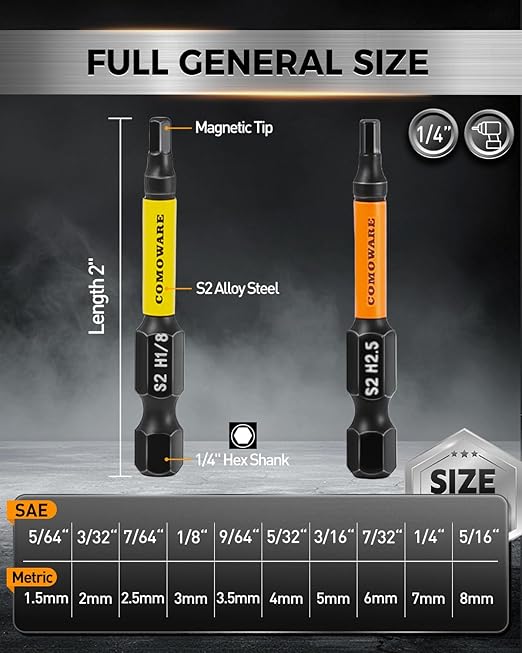 COMOWARE 21pcs Allen Wrench Drill Bits (Metric&SAE), S2 Steel 1/4" Hex Bit Set, CNC Tip Screwdriver Bits, 2" Length Magnetic Drill Bit, Impact Hex Bitss Set for Electronic Devices Disassembly