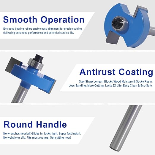 MNA 4Pcs Rabbet Router Bits 1/4" Shank with 6 Bearings Set, 1/16", 1/8", 3/16", 1/4", 5/16", 3/8" Bearings, Interchangeable Bearings with 1/2" to 1/4" Router Collett, Slot Router Bits