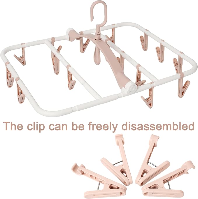 Clothes Drying Racks Foldable Clip Hangers Drip Hanger Plastic with 20 Drying Clips (Light Pink-Rectangle)