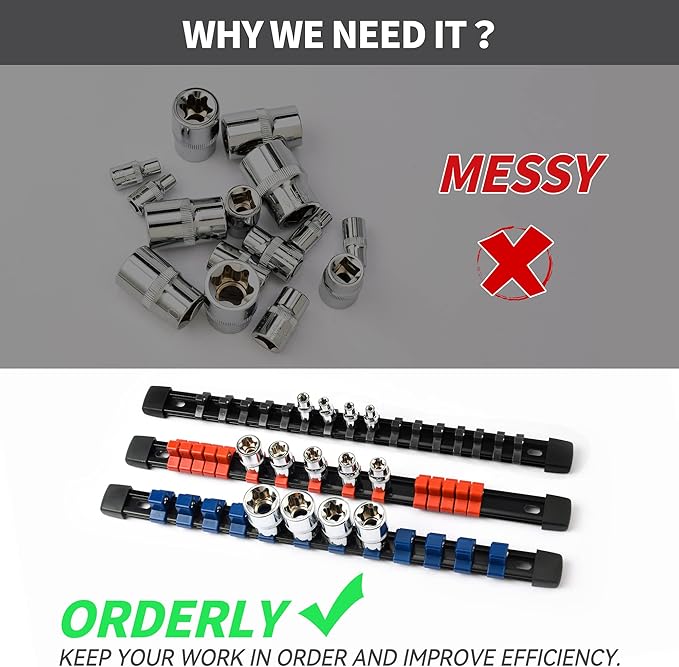 Socket Organizer Drive ABS Tools - Black Socket Holder, Premium Quality 6 Pieces Socket Holders Kit 1/4-Inch x 32 Clips, 3/8-Inch x 30 Clips, 1/2-Inch x 24 Clips（6PC,Black)