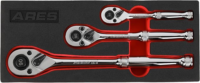 ARES 42048-3-Piece 90 Tooth Ratchet Set - Premium Chrome Vanadium Steel Construction & Mirror Polish Finish - Quick Release for Easy Socket Change - 90-Tooth Reversible Design with 4 Degree Swing