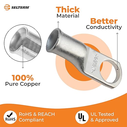 SELTERM 10pcs 6 AWG-5/16 Stud Tinned Copper Wire Lugs, Heavy Duty Battery Cable Ends,6 Gauge Ring Terminals, UL Battery Lugs Marine Grade Copper Eyelets Electrical Battery Terminal Connectors