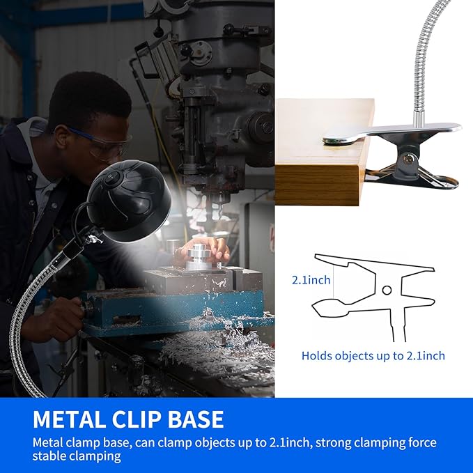 20W Clip on Light, LED Work Light with Flexible Gooseneck and Clip Base, Shop Tool Lamp for Lathe, Work Bench, Sewing Machine, Industrial Lighting, Small Areas Bright Lights, 2000 Lumens