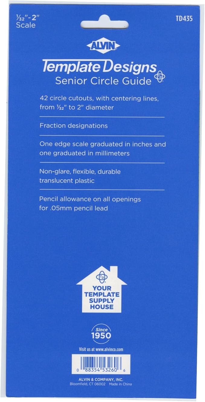 ALVIN, TD435, Senior Circle Guide Template, Drawing and Drafting Tool for Architects, Artists and Drafters - 42 Circles, 5 x 8 x .030 Inches