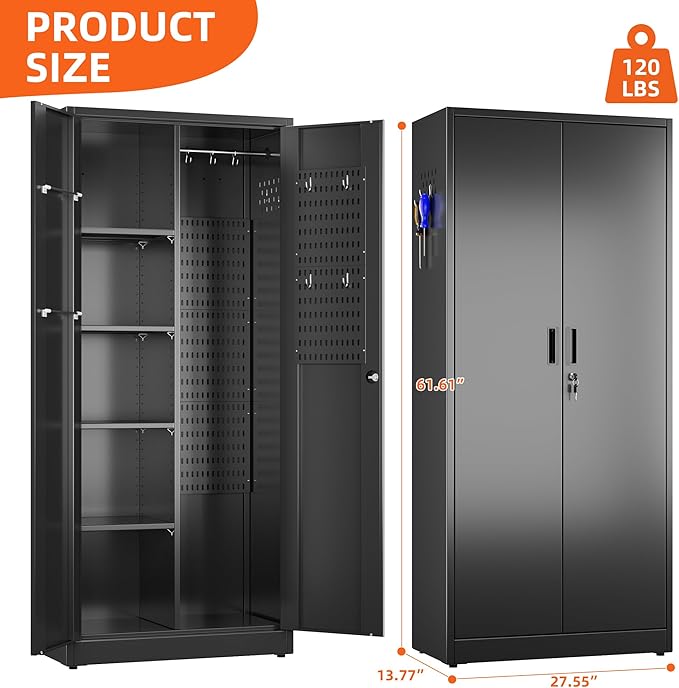 Aobabo Metal Cleaning Tool Storage Cabinet with Lockable Door, 13 Hooks and Towel Racks, Broom Closet Storage Cabinet for Janitorial Supplies, 61.61" H×27.55" W×13.77" D, Assembly Required, Black