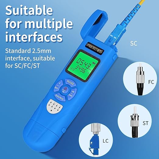 Rechargeable Optical Power Meter L-C50-50km mini Fiber Cable Tester Suitable for SC/FC/ST/LC Interface 4-in-1 Function Built-in 50km Visual Fault Locator RJ45 Network Testing with 1 FC-LC Adapter