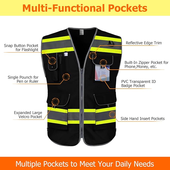 TCCFCCT High Visibility Vest 9 Pockets Reflective Safety Vest for Men Women, Hi Vis Construction Work Vest with Yellow Extend Edge for Surveyors, Durable to Use, Meets ANSI/ISEA, (DB-Black, X-Large)