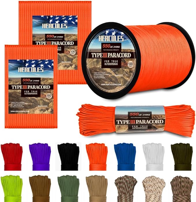 HERCULES Type III Paracord 550 Paracord Rope Parachute Cord, 100' Neon Orange for Camping Cord, Survival Rope