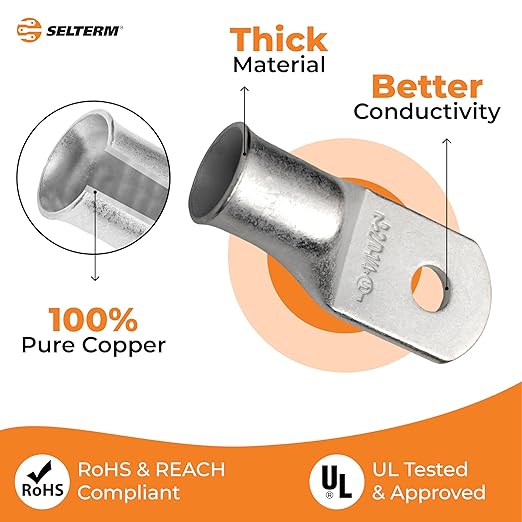 SELTERM 10pcs 2/0 AWG-1/4 Stud Tinned Copper Wire Lugs, Heavy Duty Battery Cable Ends,00 Gauge Ring Terminals, UL Battery Lugs Marine Grade Copper Eyelets Electrical Battery Terminal Connectors