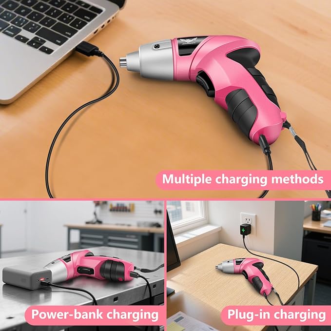 Cordless Screwdriver Rechargeable, Electric Screwdriver Cordless 24pcs, USB Small Power Screwdriver Set with LED light for Women, Pink