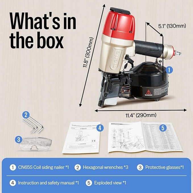 meite Siding Nailer, Pneumatic Siding Nail Gun Lightweight Air Coil Nail Gun with Safety Nose, Nail Depth and 360°Exhaust Adjustable, Compatible with 1-1/2" to 2-1/2" Coil Siding Nails (CN65S)
