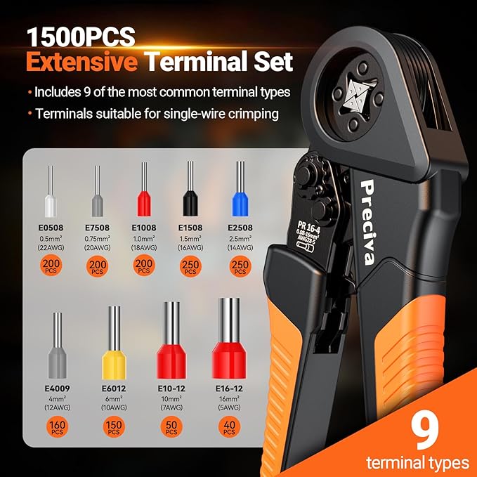 Preciva Ferrule Crimping Tool Kit - AWG 28-5 (0.08-16mm²) Self-Adjustable Ratchet Ferrule Terminals Crimping Tool, Quadrilateral Ferrule Crimper with 1500Pcs Ferrules Connectors