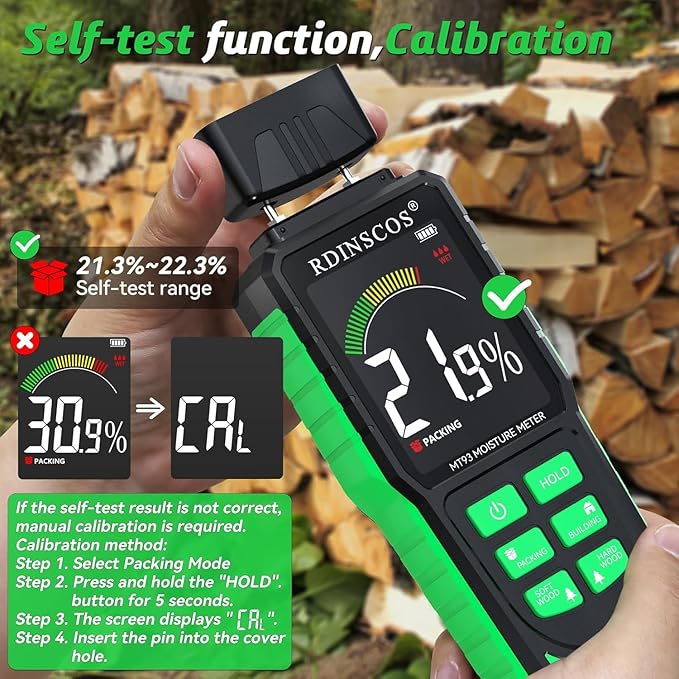 Rechargeable Moisture Meter for Wood, Walls & Hardwood – Accurate Pin-Type Digital Tester with Large Color Display, Automatic Alarm, Calibration & HOLD Function for DIY & Construction Projects