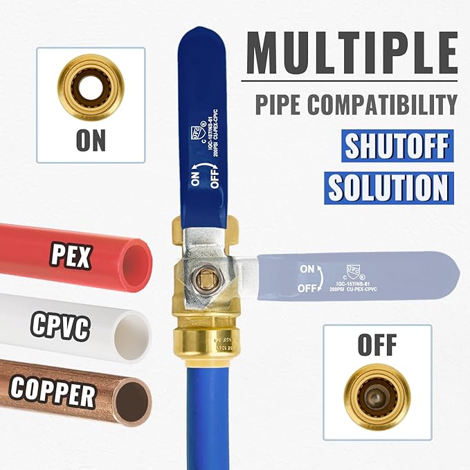 Shut Off Ball Valve 3/4 Inch, SUNGATOR 3/4 Inch Ball Valve, Push-to-Connect Water Shutoff with Blule Handle, No Lead Brass Plumbing Fittings for PEX Pipe, Copper,CPVC, Pack of 2