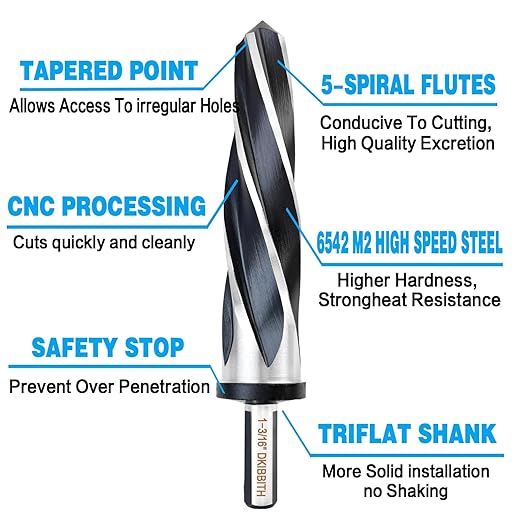 DKIBBITH 1-3/16" Bridge Construction Reamer Drill Bit, M2 HSS Taper Chucking Reamer for Steel Alloy Metal Wood Plastic, 1/2" Non-Slip Shank, 5-Spiral Flutes Car Reamer, to Align or Enlarge Holes, 30mm