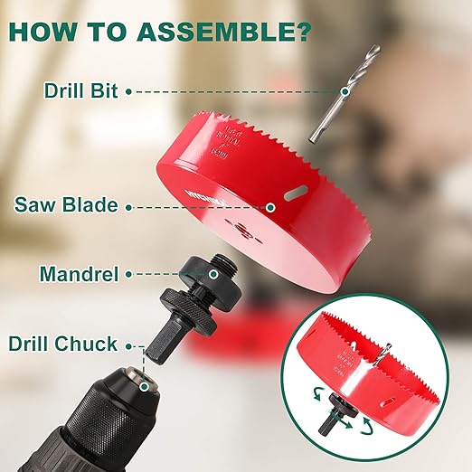 HYCHIKA 6 Inch/152mm Hole Saw,Bi-Metal Cutter Hole Max Cutting Depth 1-1/2inch(40mm) with 1 Arbor,2 Drill Bit for Wood Cutting Cornhole Plastic Drywall Boards Fiberboard