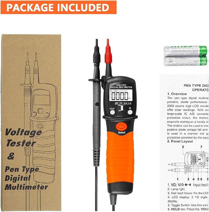 BTMETER Digital Pen Multimeter AC DC 600V Voltmeter, 60M Ohm Resistance Meter, with Backlit Screen, Continuity Test Auto Power Off Electric DMM Tester BT-38B