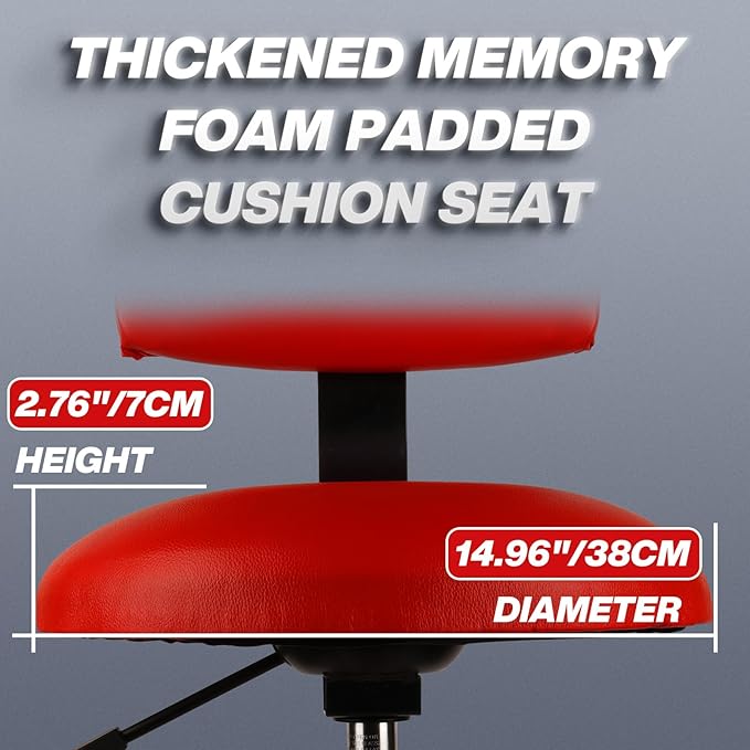 Shop Stool with Backrest, Mechanic Garage Stool for Workshop, Adjustable Stool Chair, Padded Workbench Stool for Men Women, 300 LBS Capacity, 360° Swivel PVC Seat, Heavy Duty, Red