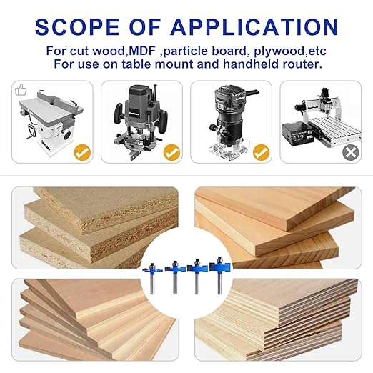 MNA 4Pcs Rabbet Router Bits 1/4" Shank with 6 Bearings Set, 1/16", 1/8", 3/16", 1/4", 5/16", 3/8" Bearings, Interchangeable Bearings with 1/2" to 1/4" Router Collett, Slot Router Bits