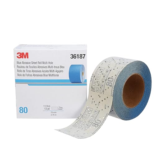 3M Hookit Blue Abrasive Sheet Roll, 36187, Multi-Hole, 2.75 in x 13 yd, 80+ Grade, Automotive Sanding Roll Sandpaper for Coating Removal, Body Repair, Auto Sanding