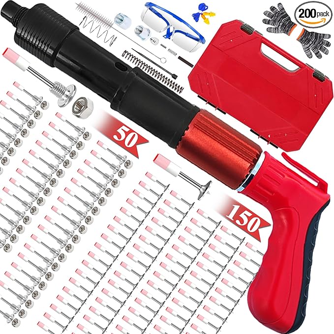 Concrete Nail Gun Kit with 200pcs Nails,5 Speed Adjustable Manual Mini Steel Nail Gun,Portable Nailer Gun, Wood working and Decoration- Built in Air Nailer for Red Brick Walls,Concrete Walls