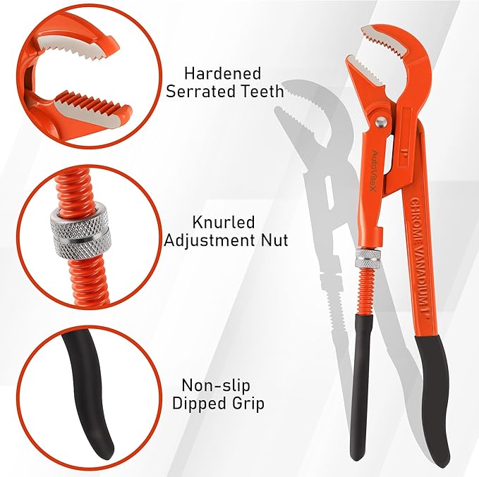 12-Inch Swedish Pipe Wrench, Heavy Duty Adjustable Plumbing Wrench with 45°Angled Jaw for All Types of Nuts, Water Pipes