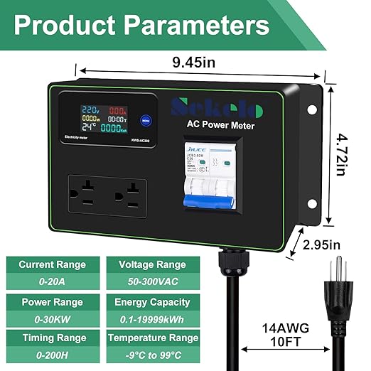15A AC Power Meter, 125V Digital Multimeter Tester, NEMA 5-15P to NEMA 5-20R Outlet Monitor with 10FT 14AWG Cable and 20A Circuit Breaker, Real-Time Voltage, Current, Power, and Energy Monitoring