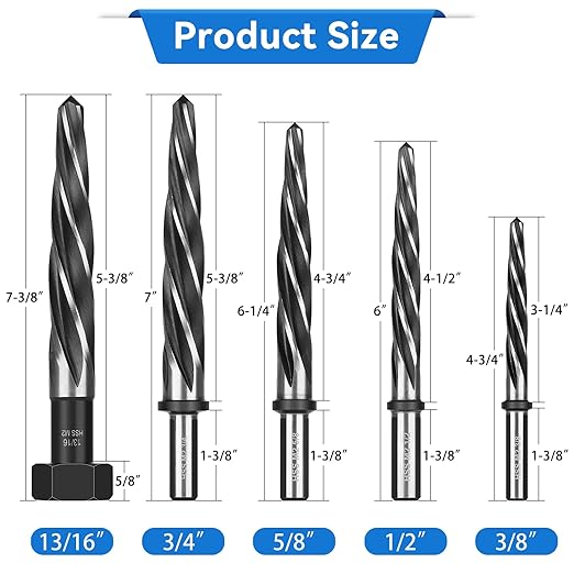 Makerfire 5PCS M2 HSS Taper Chucking Reamer Set, 3/8", 1/2", 5/8", 3/4", 13/16" Reamer Fit 1/2" Round Shank, Tapered Reamer Drill Bit for Metal, Alloy, Steel, Aluminum, Wood, Plastic