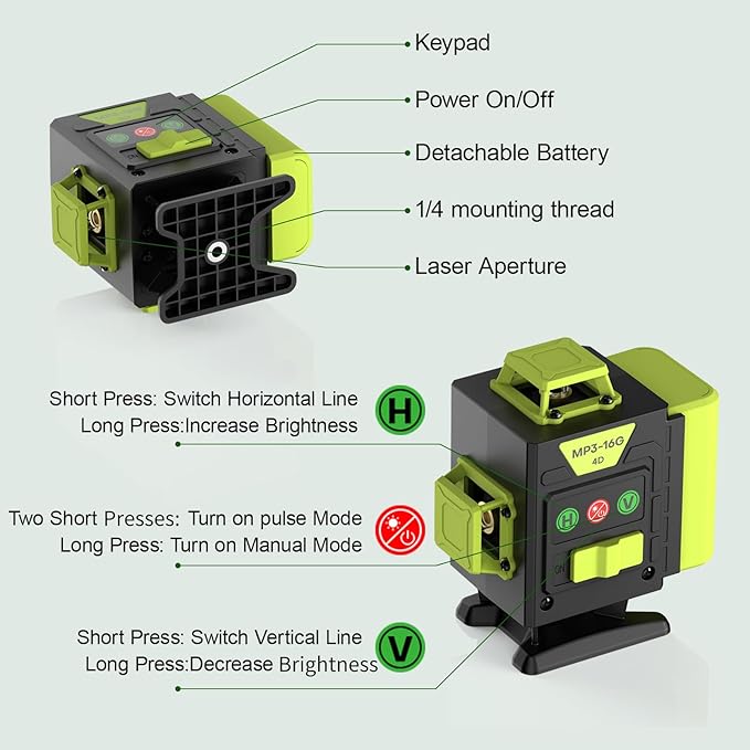 16 Line Laser Level 360 Self Leveling,4x360° Professional 4D Cross Line Green lazer Level with 2 Batteries for Construction and Picture Hanging,Adjustable Brightness Magnetic Bracket,Remote Control