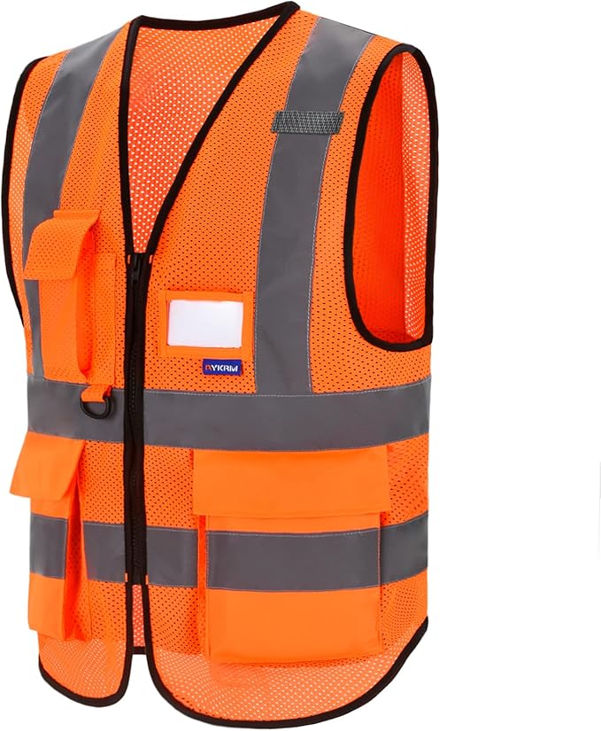 A-SAFETY High Visibility Mesh Safety Reflective Vest with Pockets and Zipper,Hi Vis Viz Reflective Safety Vest(Orange Mesh L)