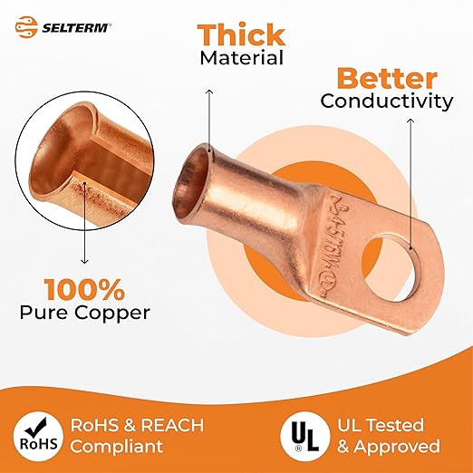 SELTERM 2pcs 4 AWG 5/16" Stud (Wide Pad) Copper Wire Lugs,Battery Lugs,Ring Terminals,Battery Cable Ends, 4 Guage Ring Terminal Connectors,UL Heavy Duty Bare Copper Eyelets Battery Terminal Connectors