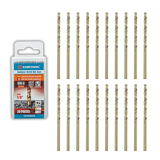 1/8 inch Cobalt Drill Bits (20Pcs), M35 HSS Metal Jobber Length Twist Drill Bit Set for Hard Metal, Stainless Steel, Iron, Copper, Aluminium, Brass, Plastic & Wood