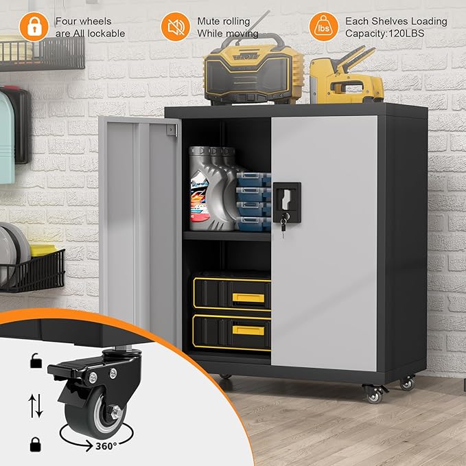 31.5''H Metal Garage Storage Cabinet with Wheels, Small Tool Storage Cabinets with Lock, Lockable Steel Rolling Tool Chest with Doors & Adjustable Shelves for Garage, Home, Office