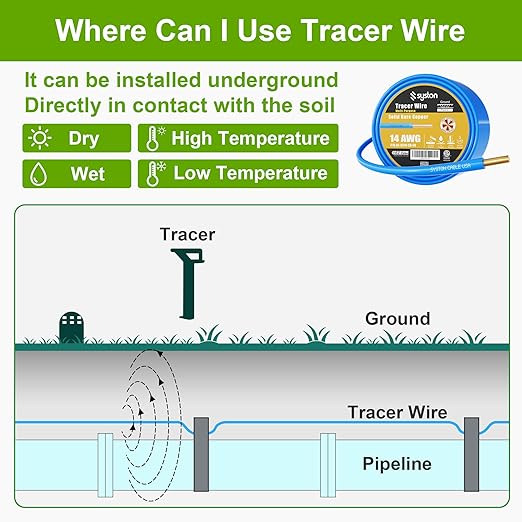 14 AWG Tracer Wire 600V 100% Solid Copper Conductor Direct Burial Underground, Blue Tracer Wire for Locating Underground Pipes and Lines Water Sewer Pipe Fiber Optic Gas Electrical Wire, 1000 FT