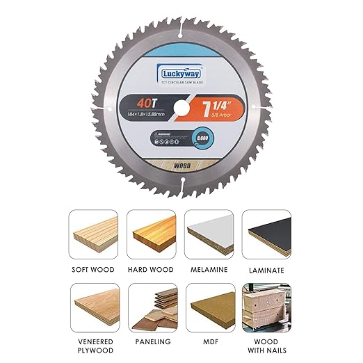Luckyway 7-1/4 Inch 40T Crosscutting with 5/8 Inch Arbor TCT Circular Saw Blade for Cutting Wood