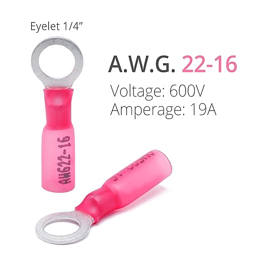 Wirefy 150 PCS Heat Shrink Ring Terminals 1/4" - a Resistant Ring Connectors - Eyelet Wire Connectors - Red 22-16 AWG
