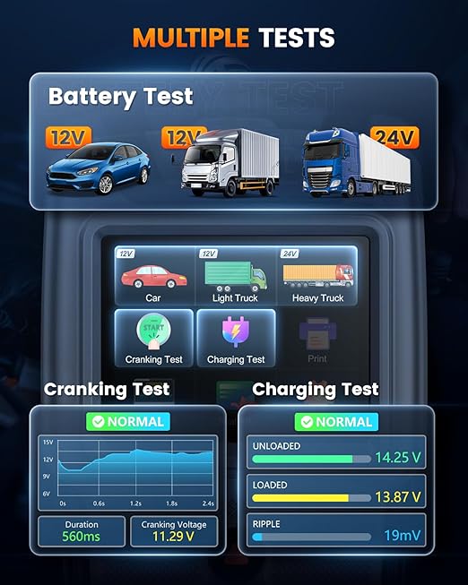 ANCEL BA101 PRO Battery Tester 12V&24V with Color Display, Cranking & Charging System Automotive Battery Load Analyzer for Car, Truck, SUV, RV, Boat, Heavy Duty Vehicles