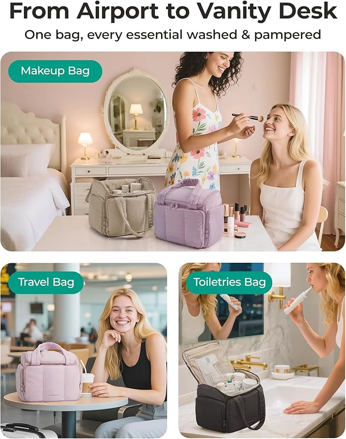 BAGSMART Toiletry Bag for Women with Dual-Padded Handles, Puffy Lightweight Makeup Bag for Makeup Accessories, Brushes Set, Travel-Sized Container, Camel