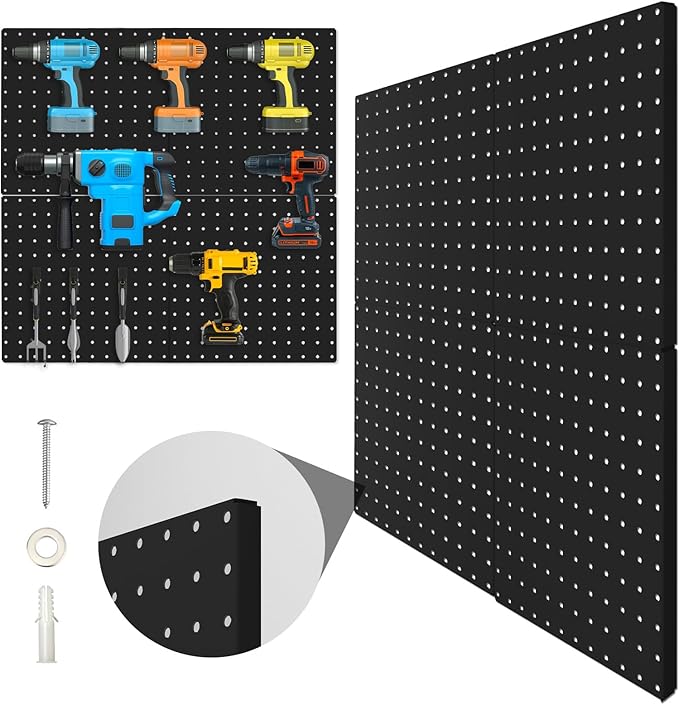 Peg Board, 4 Pack Metal Pegboard Panels Black Pegboards Wall Organizer with Bent Frame Large Heavy Duty Peg Board for Walls Home, Garage Tool Storage, Office Organization, Craft Room, Kitchen
