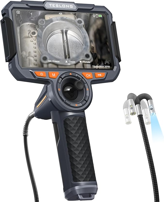 Teslong Dual Lens 360 Articulating Borescope with 6” Monitor, Inspection Camera with 4-Way Joystick Articulation, HD Steerable Endoscope with Light, See in Wall Engine Hole Camera(0.24inch-5FT)