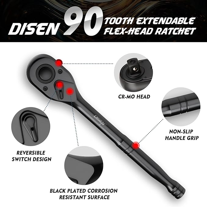 DISEN 3PCS Black Ratchet Set (1/2", 3/8", 1/4" Drive) - 90-Tooth Contour Handle, Black Oxide Finish with Reversible Quick Release & EVA Tray - Industrial Ratchet Wrench Kit