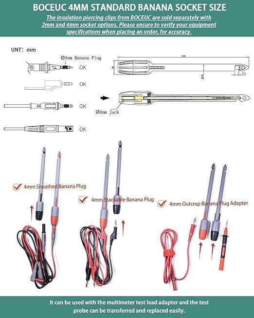 Heavy Duty Wire Piercing Probe Insulation Piercing Clip Set Push on 4mm Push Banana Plug Multimeter Test Leads Multi Testers Needle Accessories