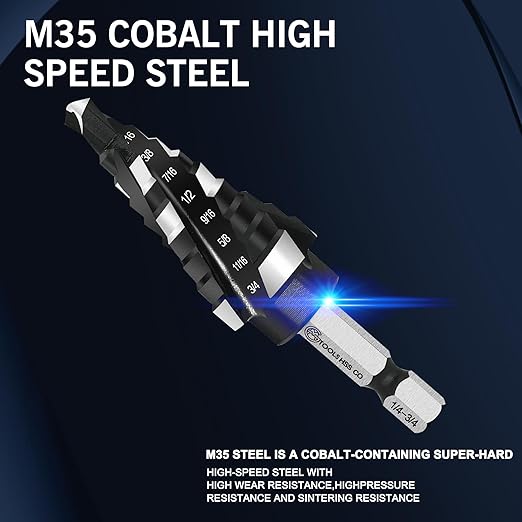 M35 Four Spiral Flute Cobalt Step Drill Bit, 1/8"-1/2" Wear-Resistant TiAlN Coated Four-Flute Step Bit, 1/4" Hex Shank Unibit Step Bit for Metal, Stainless Steel, Aluminum, Wood, Plastic