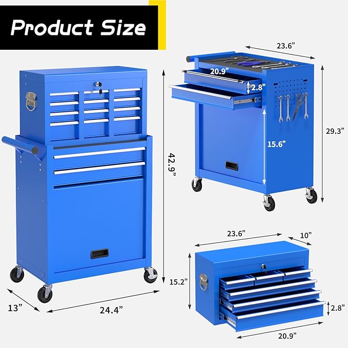 On Shine 8 Drawer Rolling Tool Chest, Large Capacity Rolling Tool Box with Wheels, Locking Mechanical Tool Chest, Portable Tool Box with Sliding Drawers,Metal Tool Box for Garage Workshop (Blue)