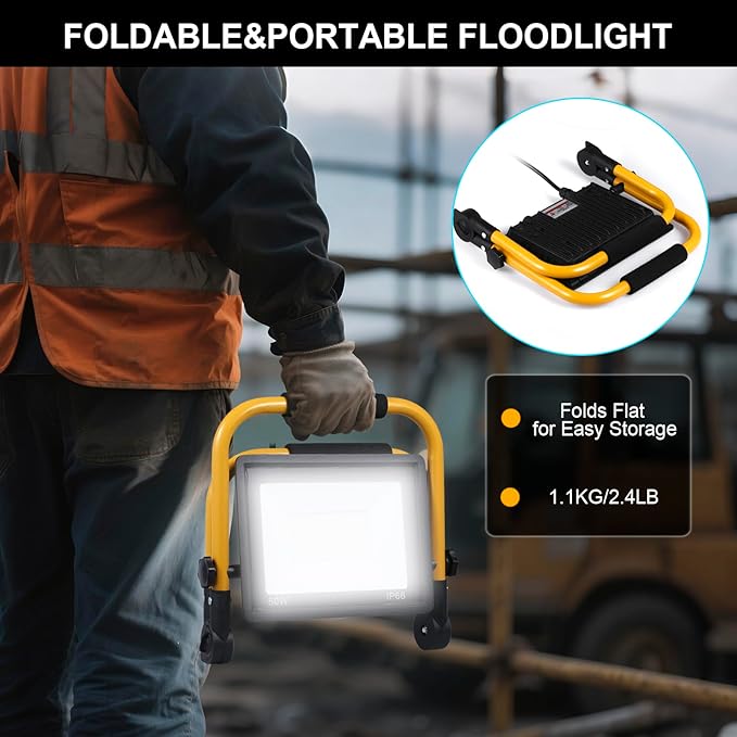 50W 5600LM LED Work Light with 16.5FT Cord, IP66 Waterproof, Portable Flood Light for Construction, Workshop, Garage, and Outdoor Use