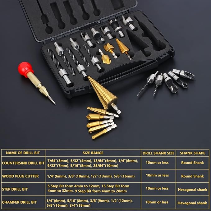 LAMPTOP 26-Pack Woodworking Tools and Accessories Including Countersink Drill Bits, 3-Pointed Countersink Drill Bit with L-Wrench, Wood Plug Cutter, Step Drill Bit, and Automatic Center Punch