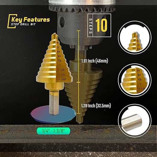 Step Drill Bit for Metal, HSS Step Drill Bit, CORTOOL Titanium High Speed Steel Step Drill Bits, Unibit Step Drill Bits (1/4" to 1-3/8" Step Bit)