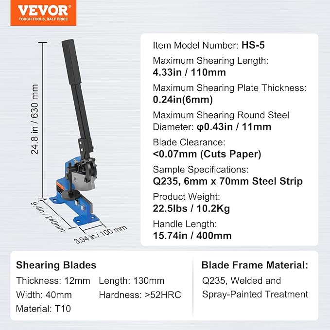 VEVOR Hand Plate Shear 5",Manual Metal Cutter Cutting Thickness1/4 Inch Max,Metal Steel Frame Snip Machine Benchtop 7/16 Inch Rod,for Shear Carbon Steel Plates and Bars