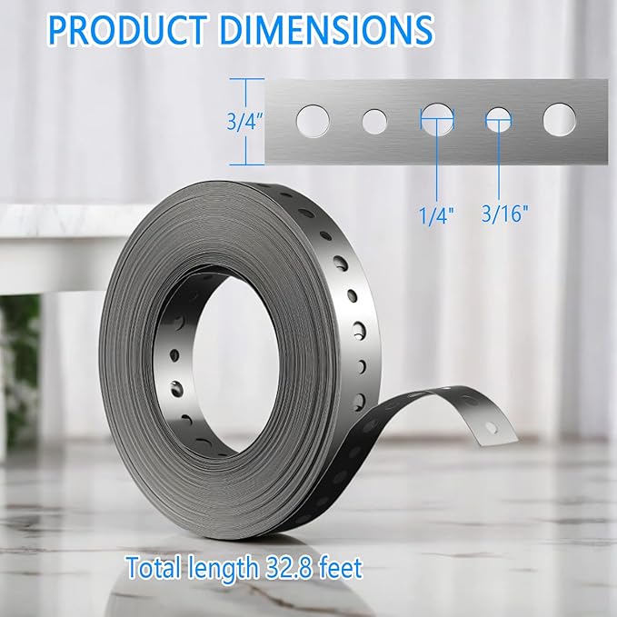 Galvanized Metal Pipe Strap 3/4" 32.8FT, 32-Gauge - Metal Hanger Strapping with Holes for Pipe Support, Flexible Trimming | Includes Storage Case & Gloves